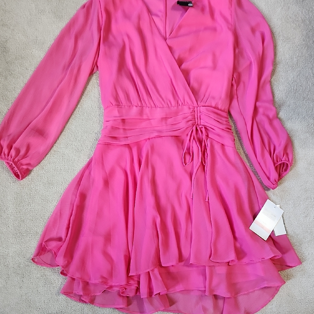 Maison Tara Women's Long Sleeve Chiffon Solid Fit Flare Dress Pink -10